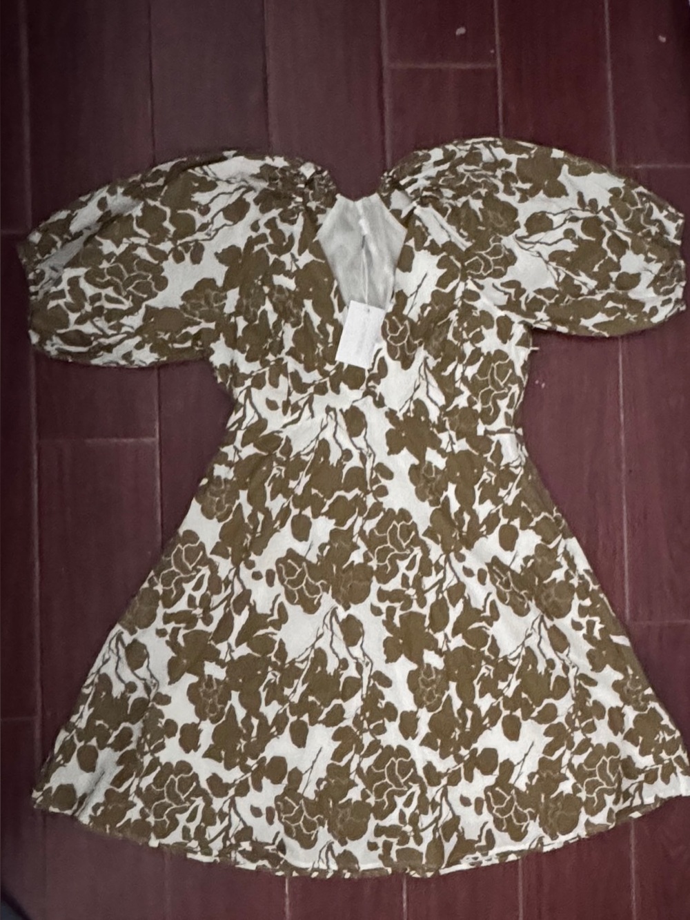 Lucy Paris Olive Azalea Floral V-Neck Puff Sleeve Mini Dress with Pockets